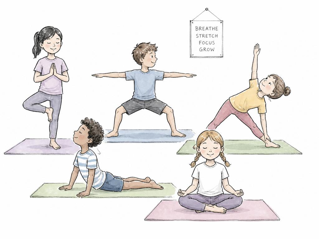 Children practicing yoga poses in school